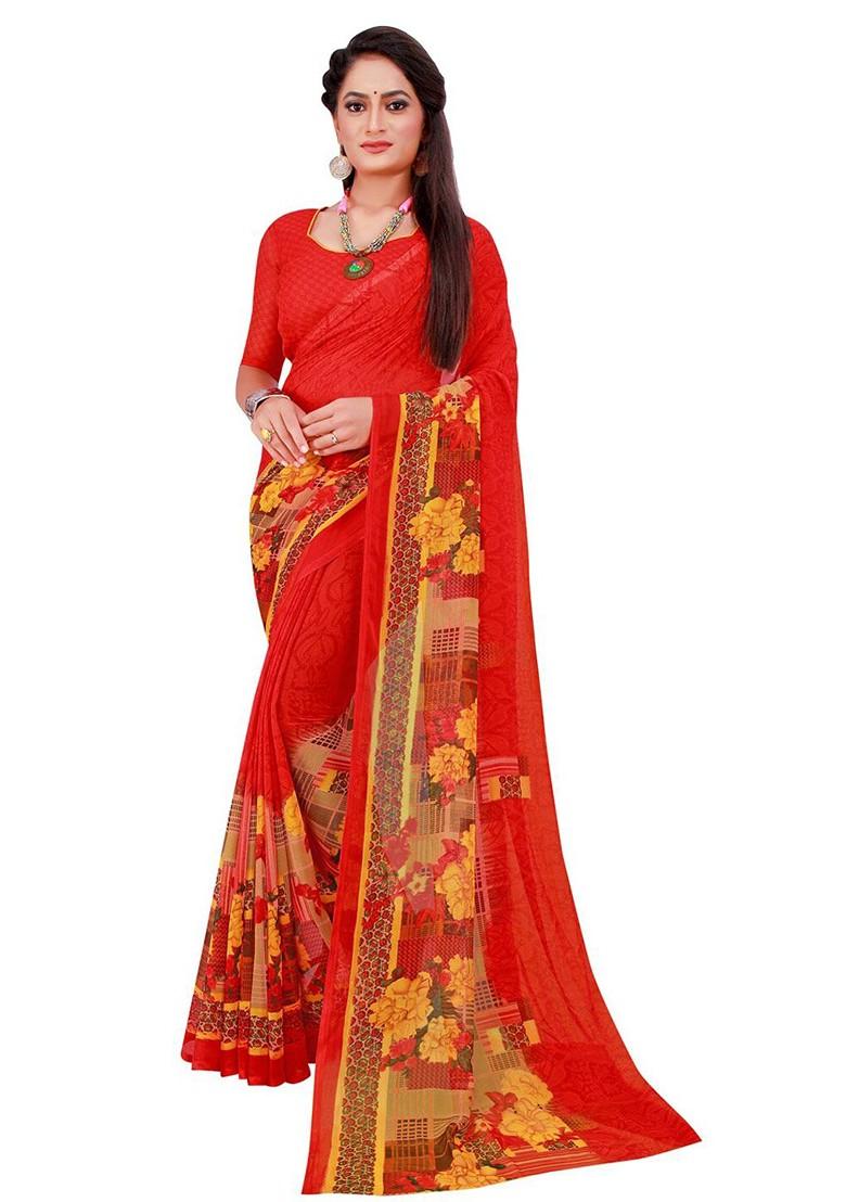 Red Printed Georgette Saree Set (Set Of 2)