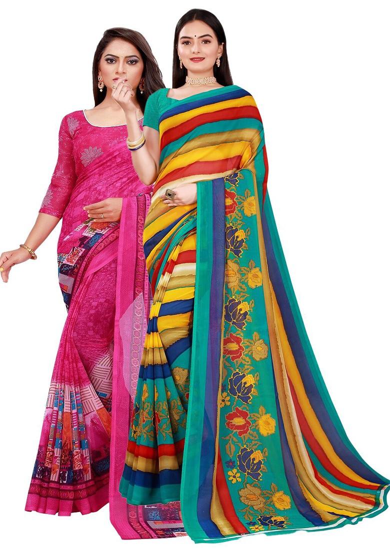 Magenta Printed Georgette Saree Set (Set Of 2)