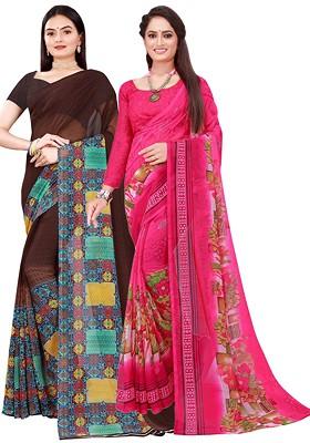 Pink Floral Georgette Saree Set (Set Of 2)
