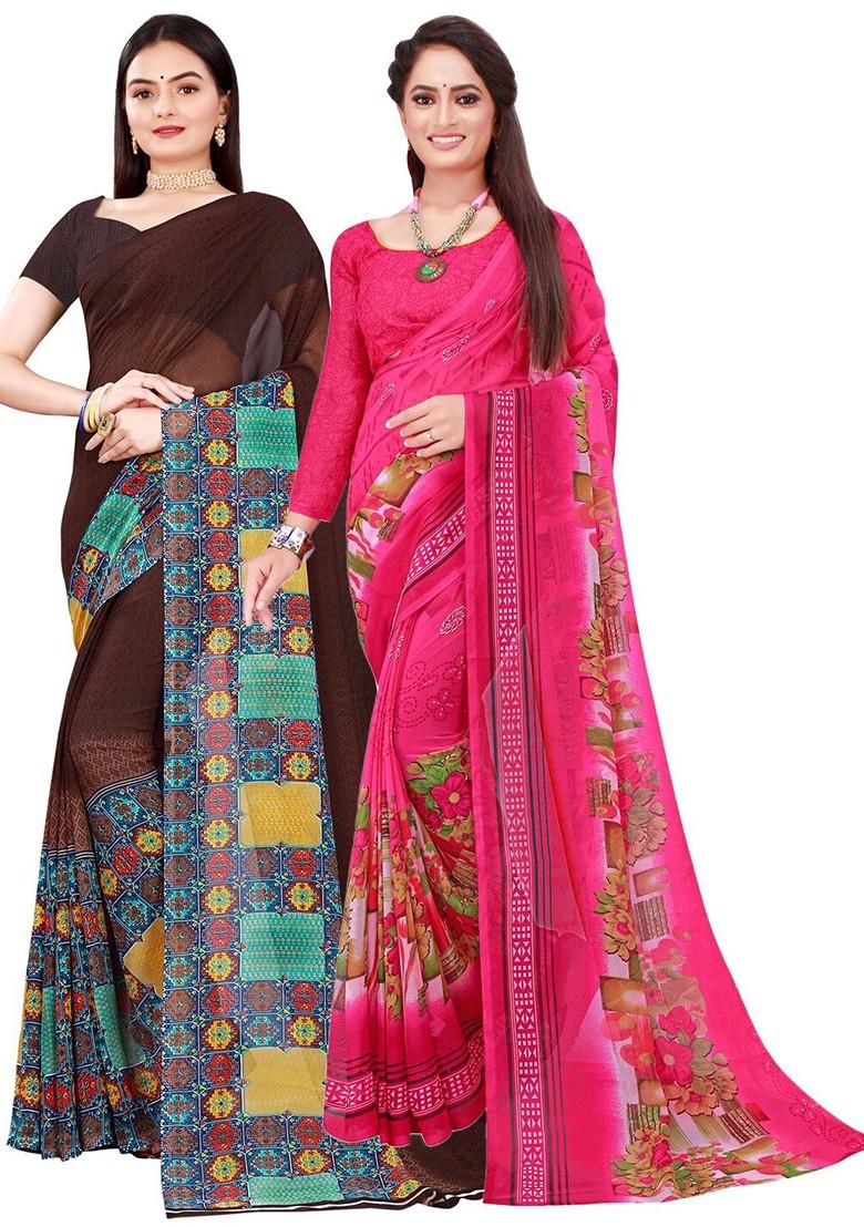 Pink Floral Georgette Saree Set (Set Of 2)