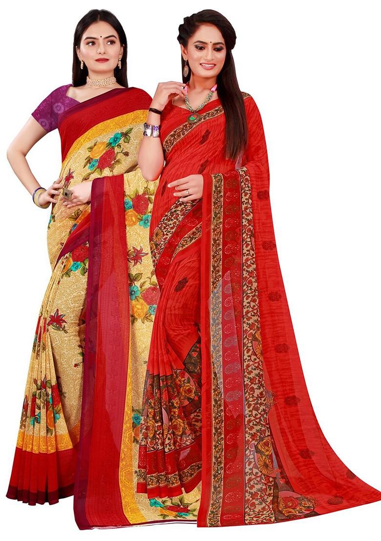 Beige Embroidered Georgette Saree Set (Set Of 2)