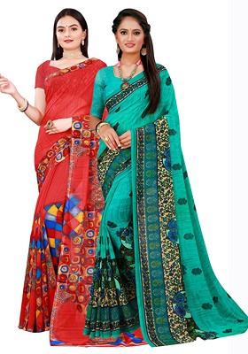 Red Embroidered Poly Blend Saree Set