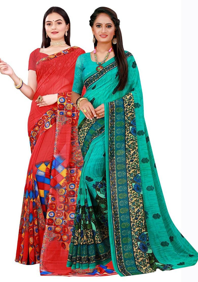 Red Embroidered Poly Blend Saree Set