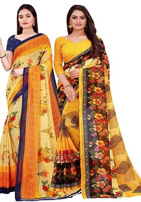 Yellow Floral Georgette Saree Set (Set Of 2)