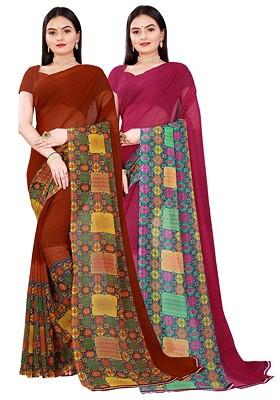Brown Embroidered Georgette Saree Set (Set Of 2)