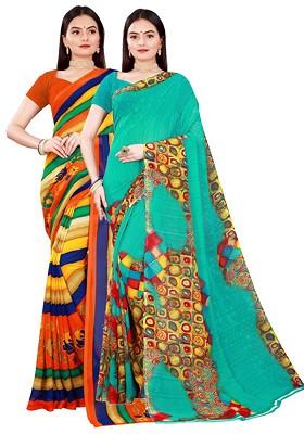 Green Embroidered Georgette Saree Set (Set Of 2)