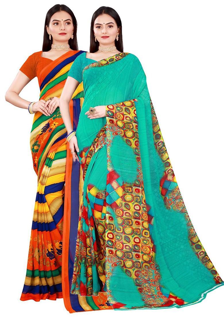 Green Embroidered Georgette Saree Set (Set Of 2)