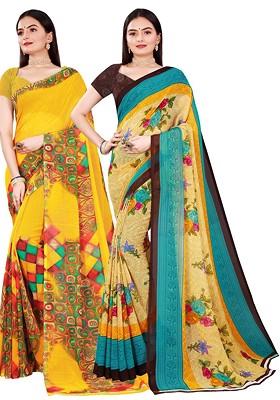 Beige Floral Georgette Saree Set (Set Of 2)