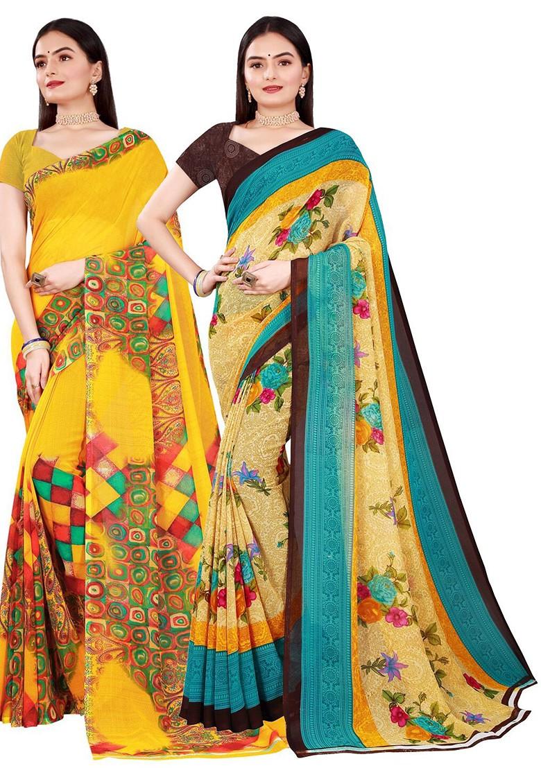 Beige Floral Georgette Saree Set (Set Of 2)