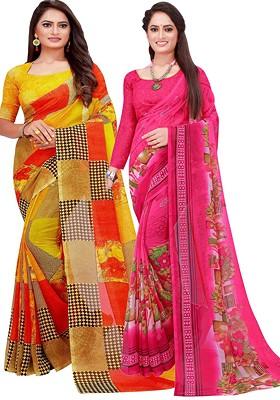 Magenta Floral Georgette Saree Set (Set Of 2)