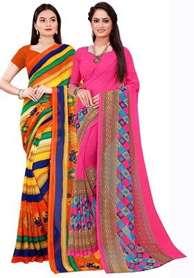 Magenta Embroidered Georgette Saree Set (Set Of 2)