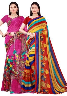 Magenta Floral Georgette Saree Set (Set Of 2)