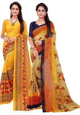 Yellow Floral Georgette Saree Set (Set Of 2)