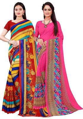 Magenta Printed Georgette Saree Set (Set Of 2)