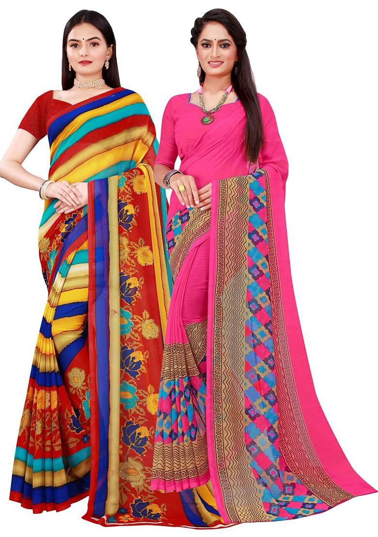 Magenta Printed Georgette Saree Set (Set Of 2)