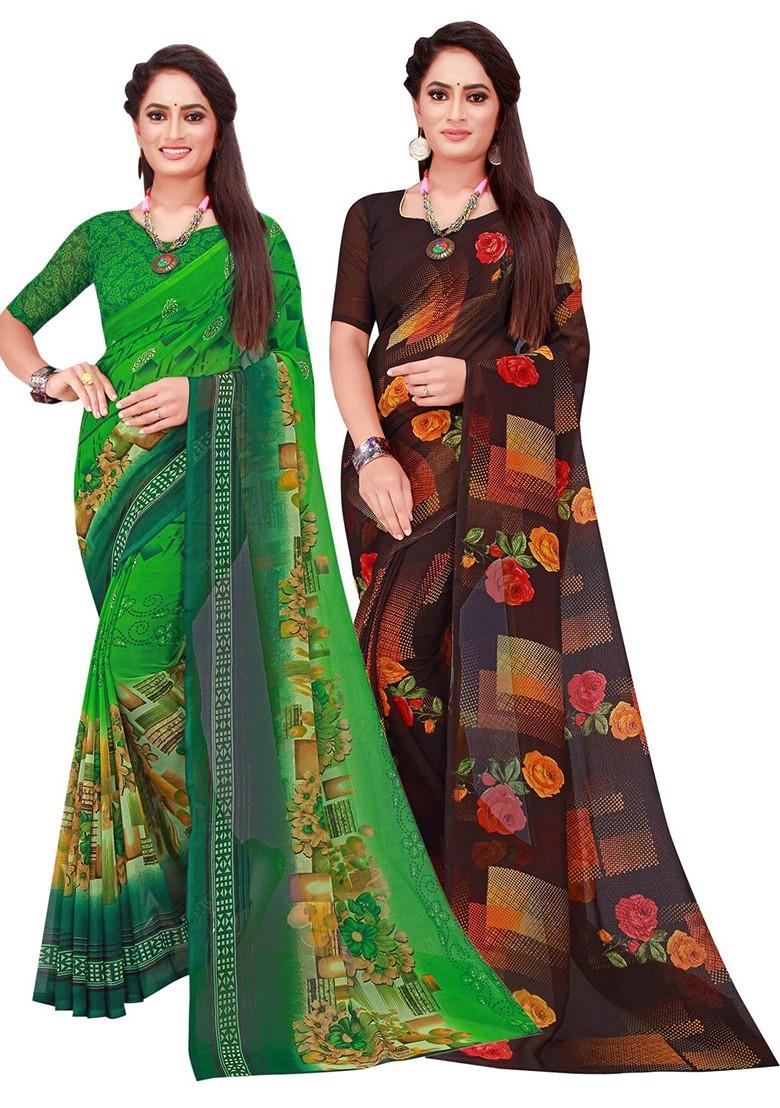Black Embroidered Georgette Saree Set (Set Of 2)