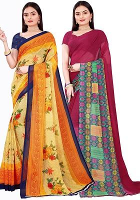 Beige Floral Georgette Saree Set (Set Of 2)