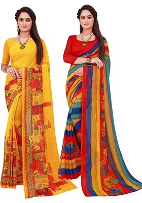 Yellow Printed Georgette Saree Set