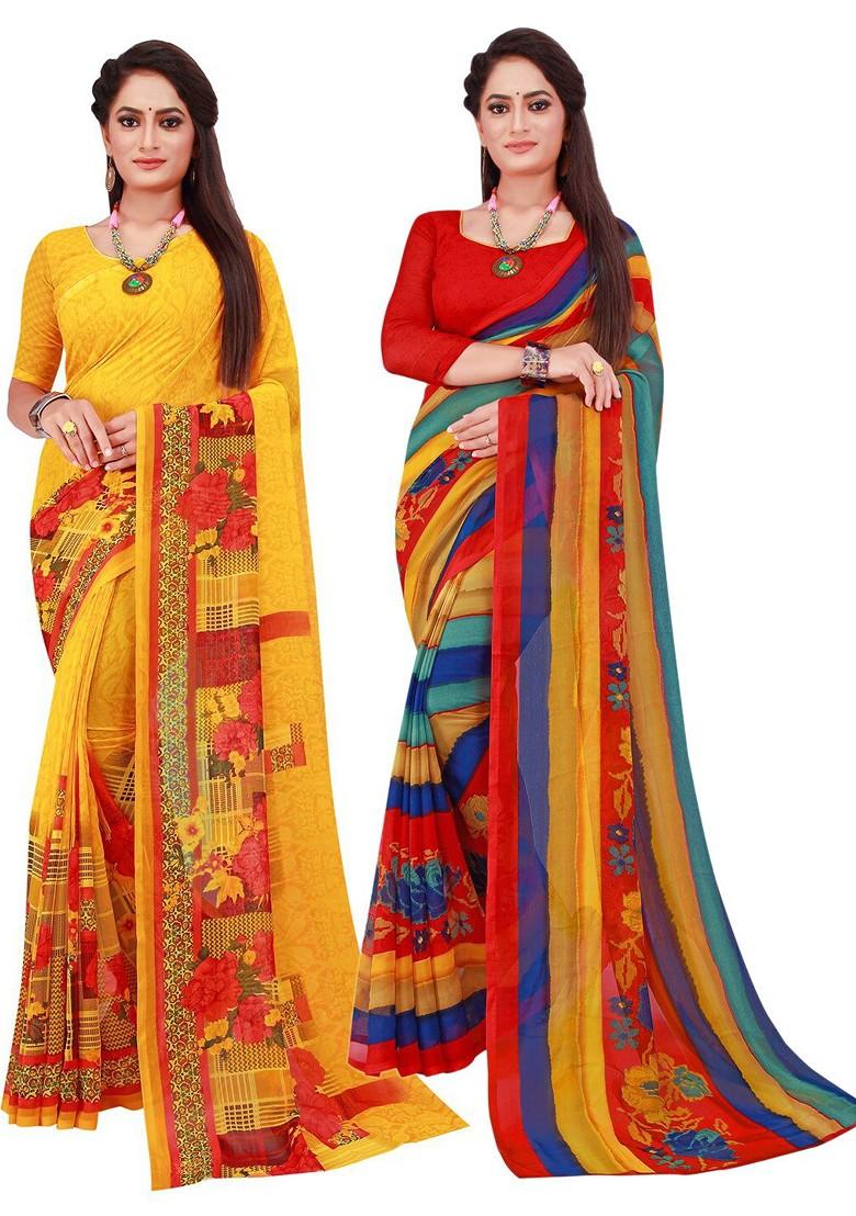 Yellow Printed Georgette Saree Set