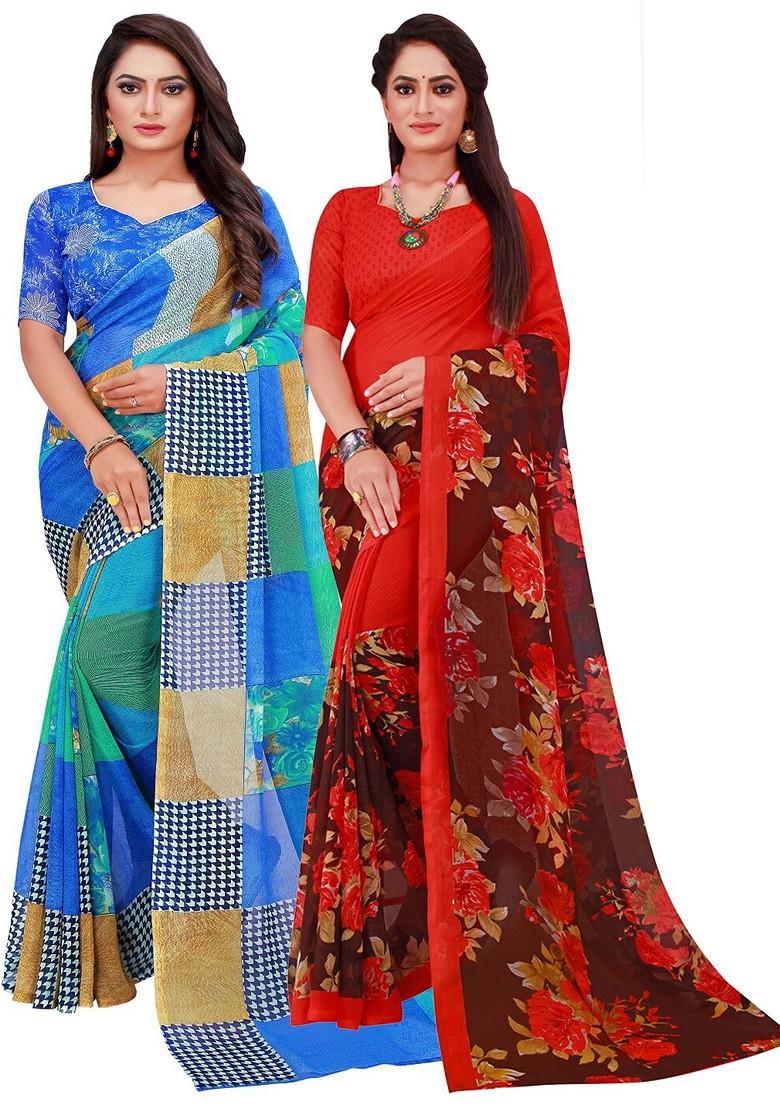 Blue Floral Georgette Saree Set (Set Of 2)
