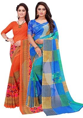 Blue Printed Georgette Saree Set (Set Of 2)