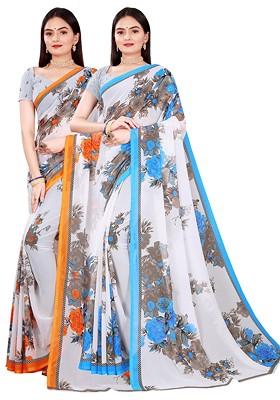 White Floral Georgette Saree Set (Set Of 2)