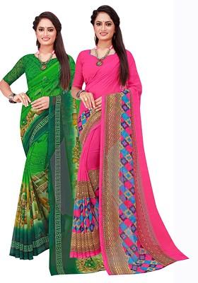 Magenta Embroidered Georgette Saree Set (Set Of 2)