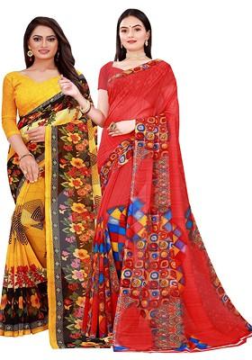 Red Printed Georgette Saree Set