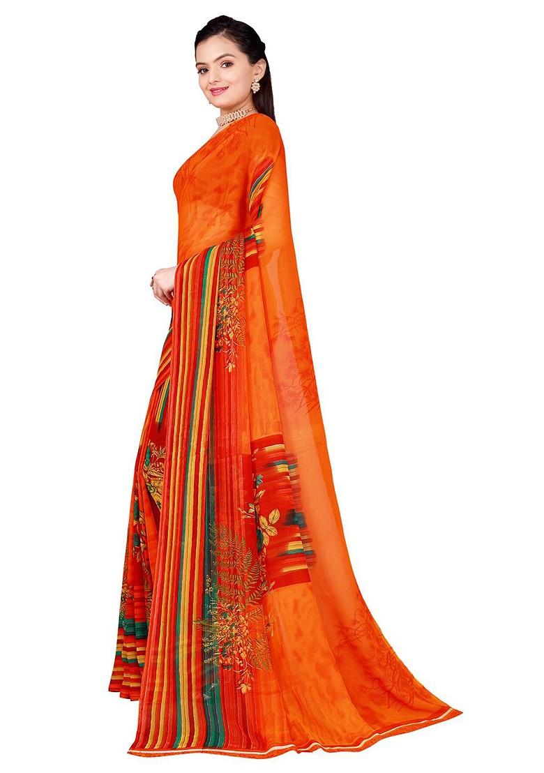 Orange Floral Georgette Saree Set