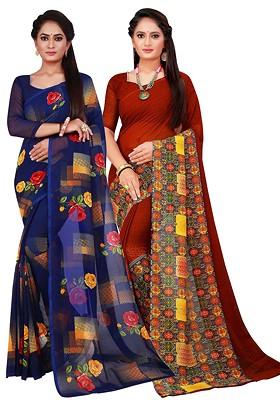 Navy Blue Embroidered Georgette Saree Set