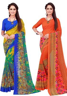 Orange Floral Georgette Saree Set (Set Of 2)