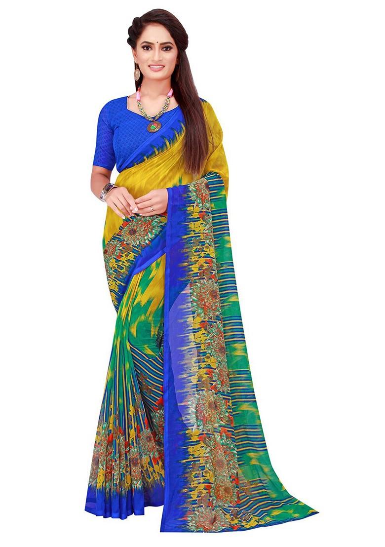 Orange Floral Georgette Saree Set (Set Of 2)