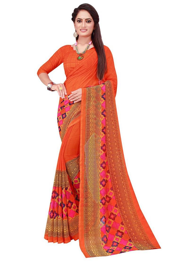 Orange Floral Georgette Saree Set (Set Of 2)