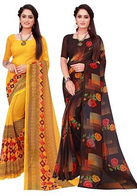 Yellow Floral Georgette Saree Set (Set Of 2)