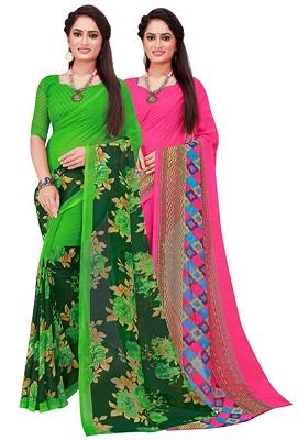 Magenta Embroidered Georgette Saree Set (Set Of 2)