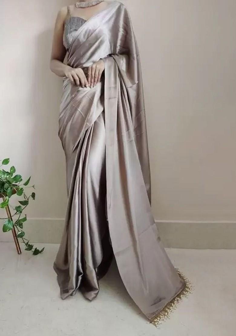Grey Embroidered Satin Saree Set