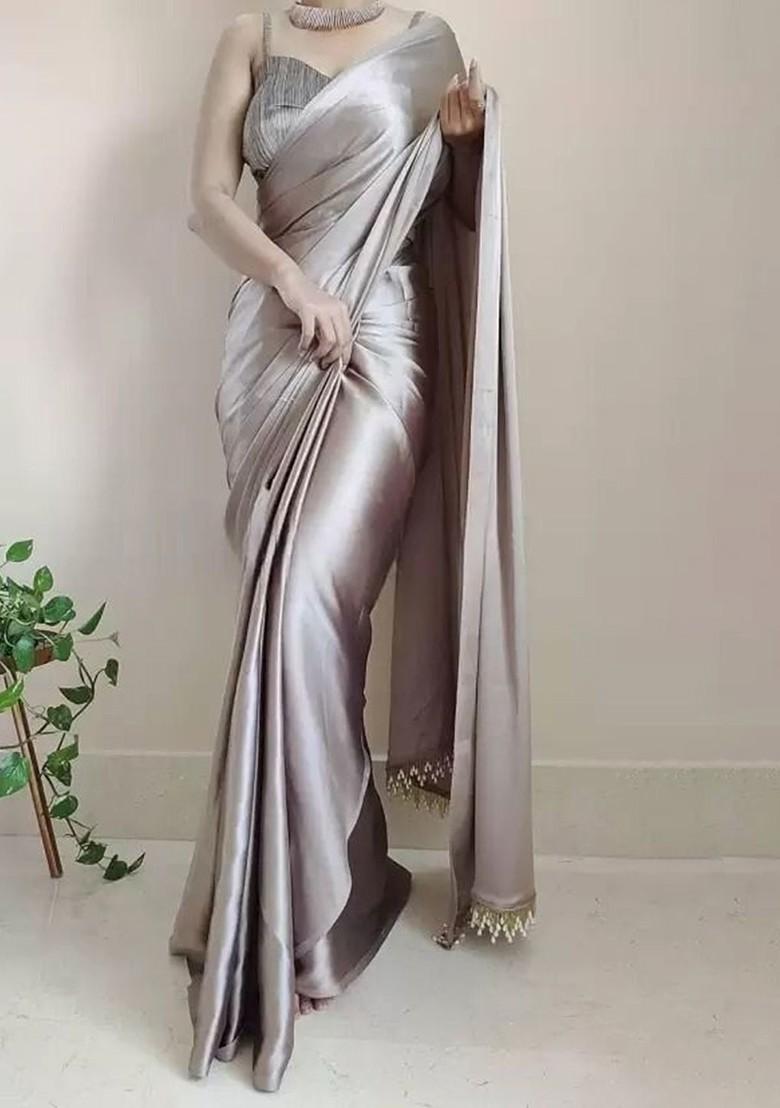 Grey Embroidered Satin Saree Set