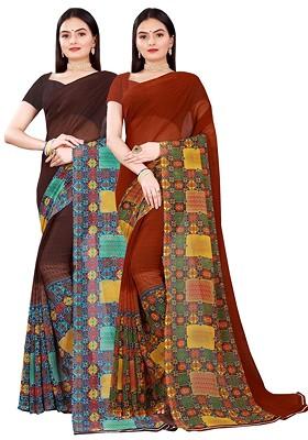 Brown Embroidered Georgette Saree Set