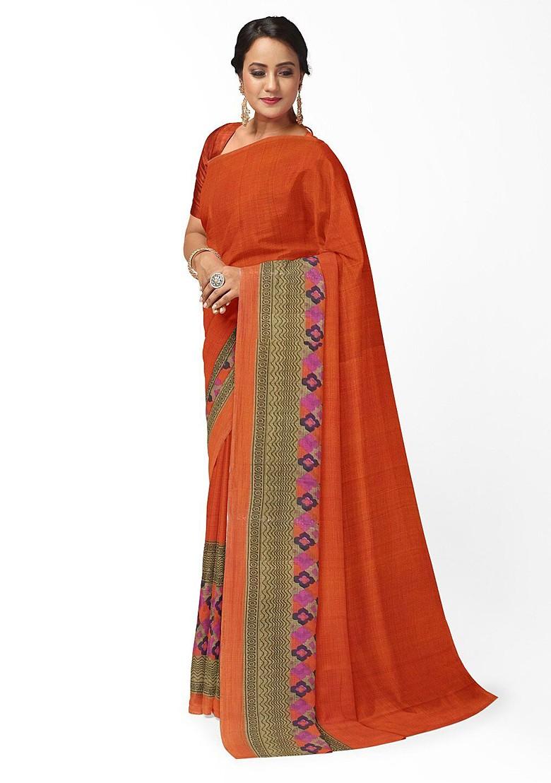 Orange Printed Georgette Saree Set