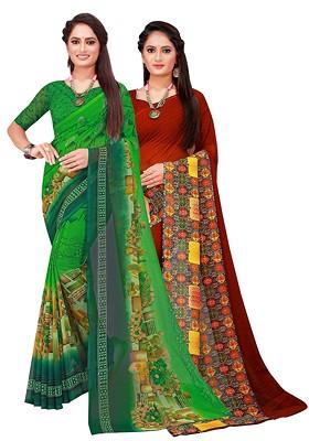 Brown Embroidered Poly Blend Saree Set