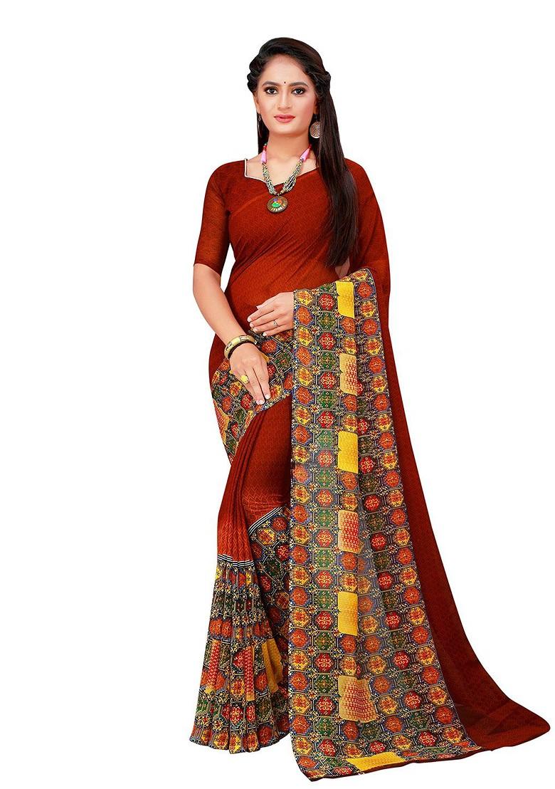 Brown Embroidered Poly Blend Saree Set