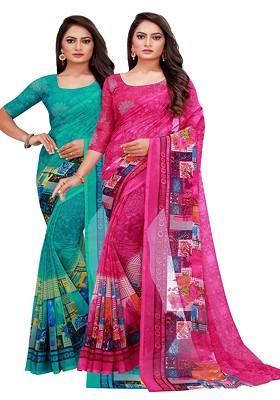 Turquoise Blue Printed Georgette Saree Set (Set Of 2)