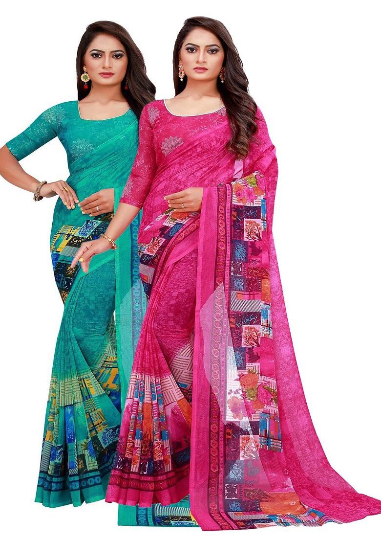 Turquoise Blue Printed Georgette Saree Set (Set Of 2)