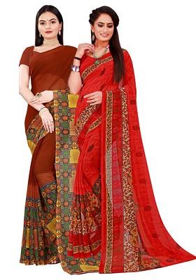 Brown Embroidered Georgette Saree Set (Set Of 2)