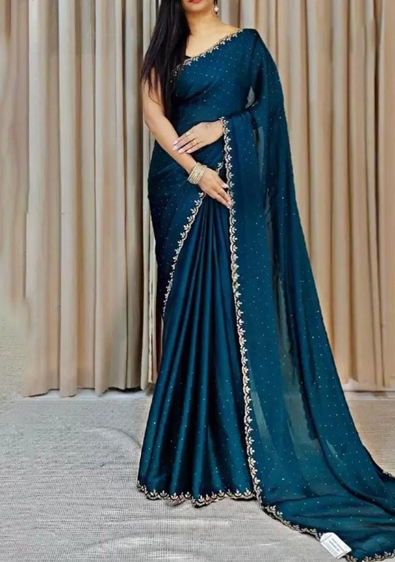 Blue Embellished Georgette Saree Set