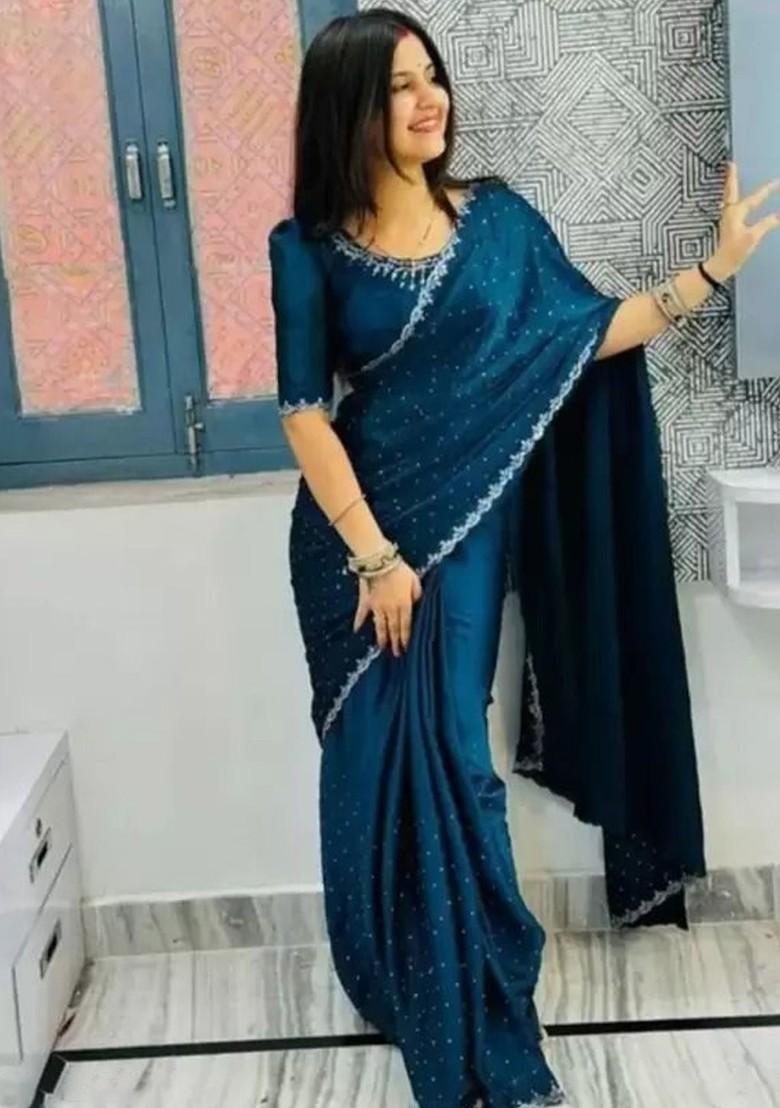 Blue Embellished Georgette Saree Set