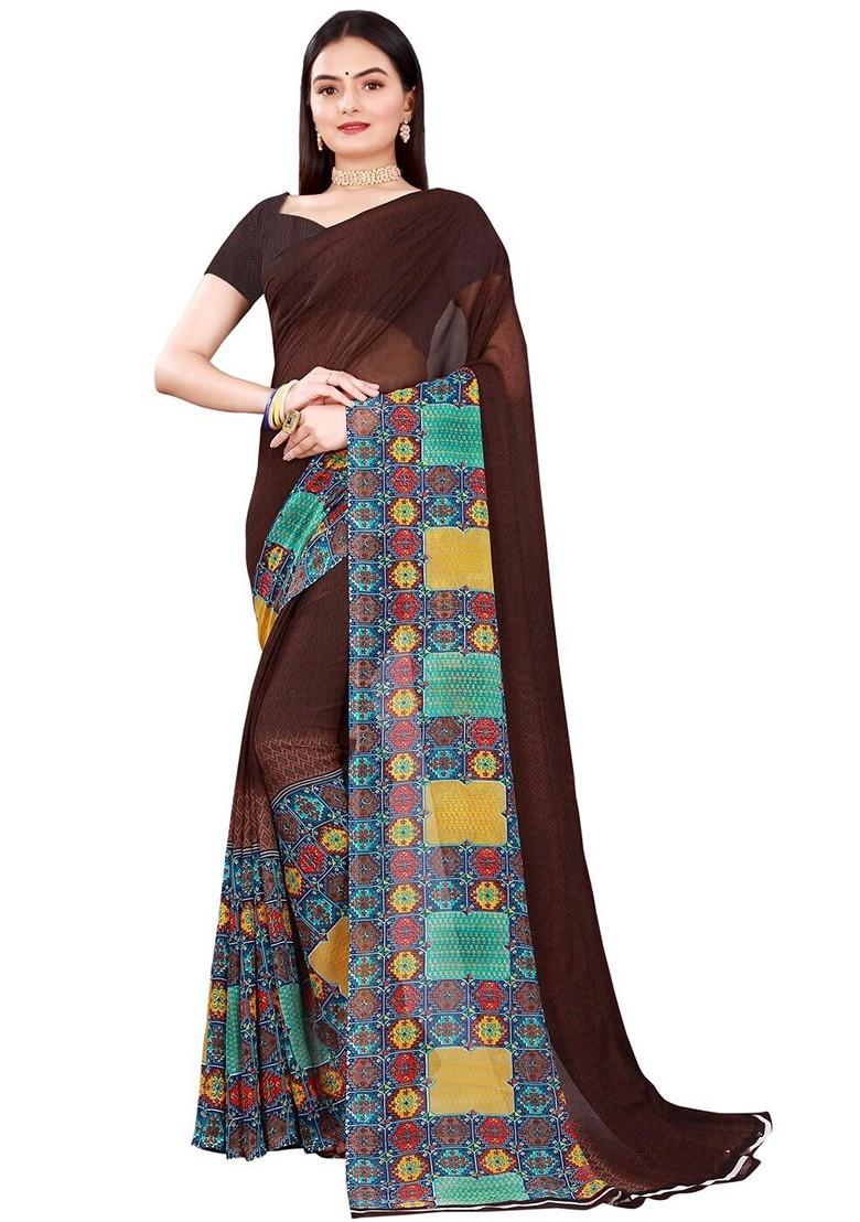 Brown Embroidered Georgette Saree Set
