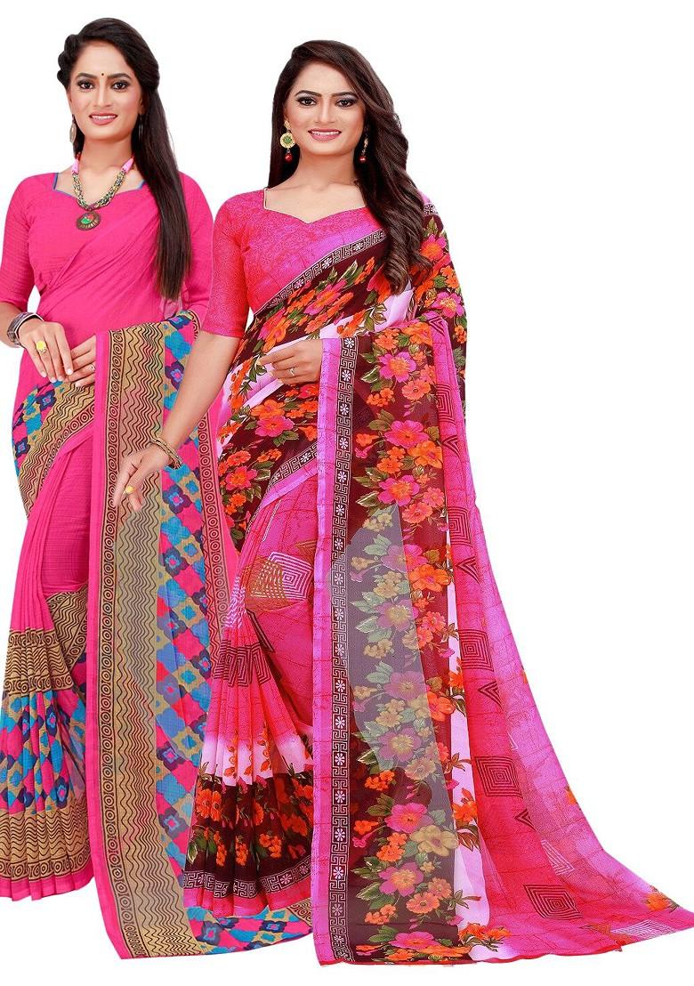 Pink Printed Poly Blend Saree Set (Set Of 2)