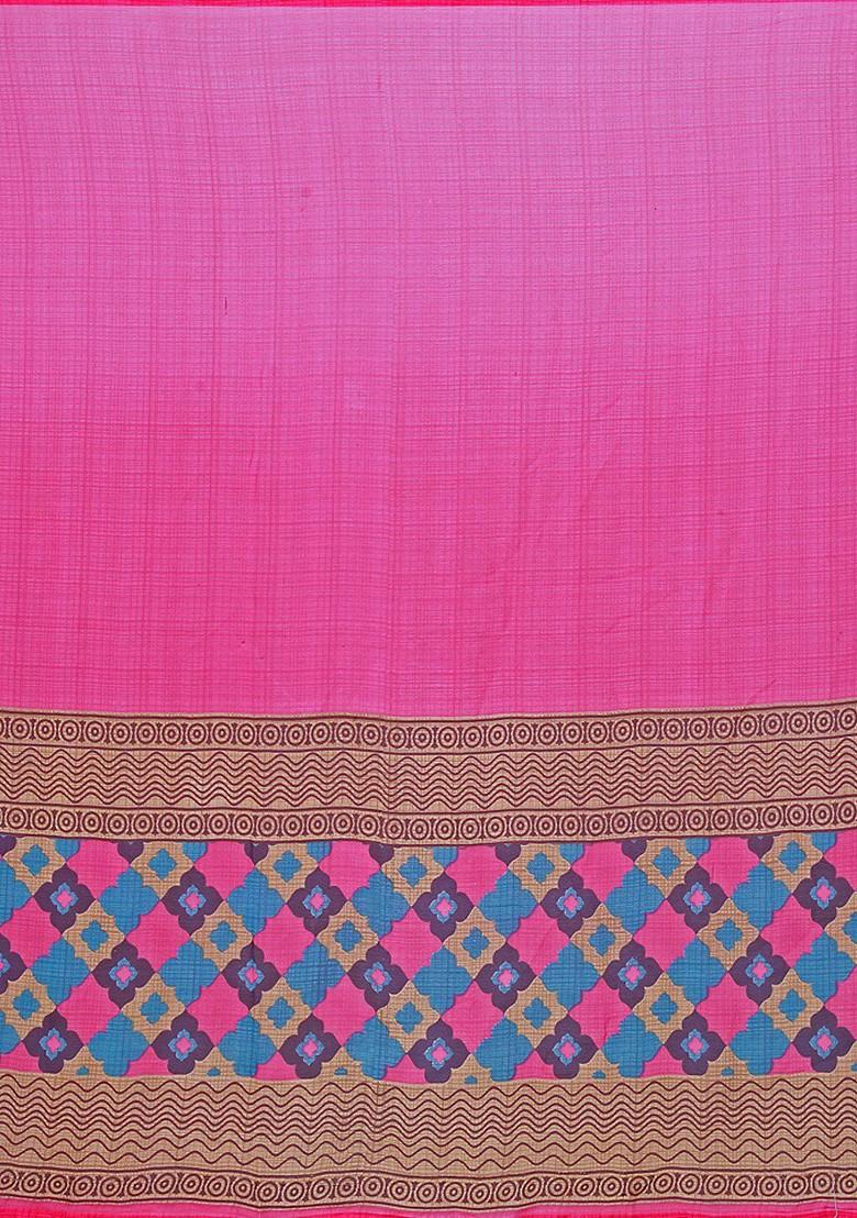 Pink Printed Poly Blend Saree Set (Set Of 2)