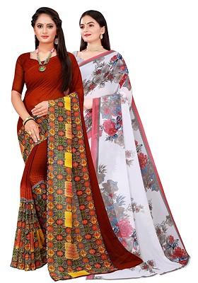 Brown Embroidered Poly Blend Saree Set